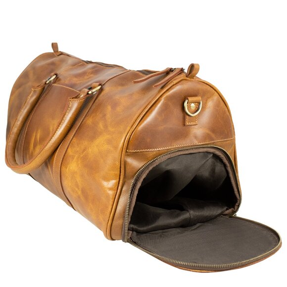 Genuine Leather Travel Duffle Bag, Tan - Picture 7 of 14